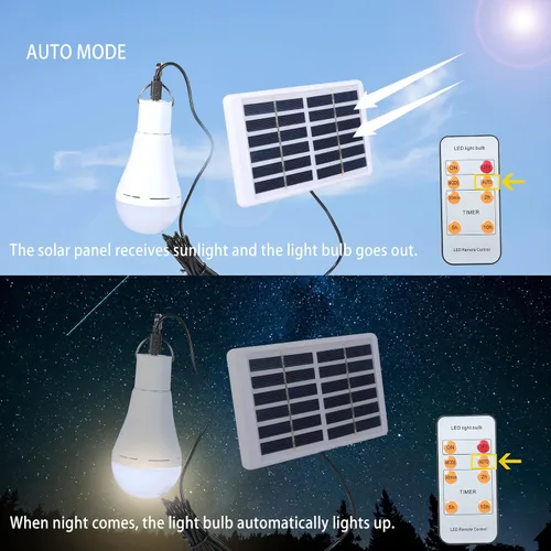 Vista 4 de Bombillas solares recargables con temporizador remoto, 4 modos de iluminación solar para interiores y exteriores, gallinero, huracán, iluminación