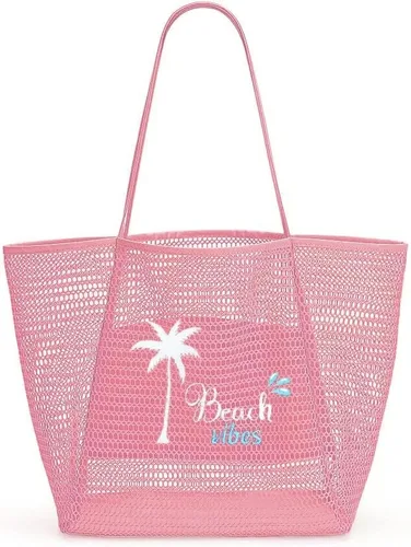 Vista 2 de ukia Bolsa de playa de malla, bolsas de playa de gran capacidad para mujer, bolsa de playa plegable con bolsillo con cremallera