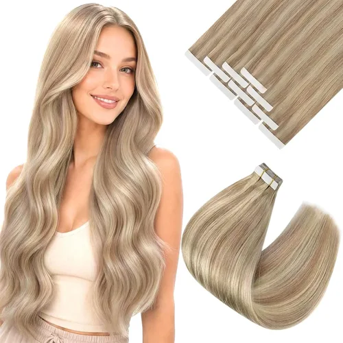 Vista 11 de Ve Sunny Extensiones de cabello humano real con cinta, cabello humano Remy, lacio, doble cara, color marrón oscuro, balayage, rubio dorado oscuro