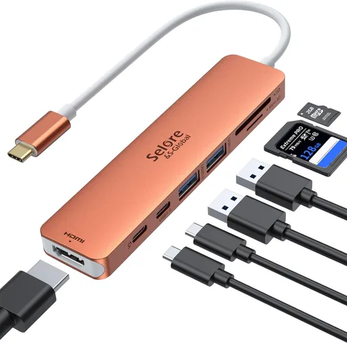 Vista 13 de Adaptador HDMI USB C Hub para MacBook Pro/Air, Dongle USBC 7 en 1 con HDMI, lector de tarjetas microSD/SD, puerto de datos USB C, 100 W PD y 2 USB