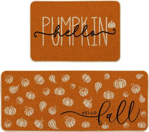 Vista 8 de Artoid Mode Juego de 3 tapetes de cocina naranja con texto en inglés "Hello Pumpkin", decoración otoñal para el hogar, alfombras de cocina de bajo