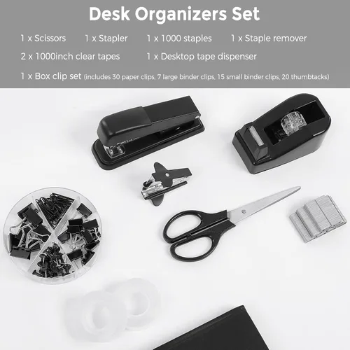 Vista 3 de SKYDUE Juego de suministros de oficina negros, accesorios de escritorio negros, grapadora, dispensador de cinta, tijeras, carpeta/clips de papel
