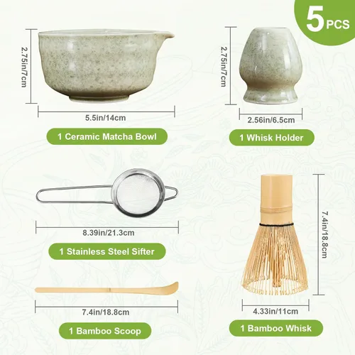 Vista 7 de Juego de 5 batidores de matcha, cuenco de matcha con boquilla, batidor de bambú 100% (Chasen), soporte, tamiz inoxidable, cuchara de té, kit