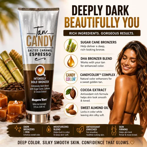 Vista 4 de Supre Tan Candy - Bronceador intenso intenso intenso con sabor a caramelo salado, mezcla oscura, 8.5 onzas