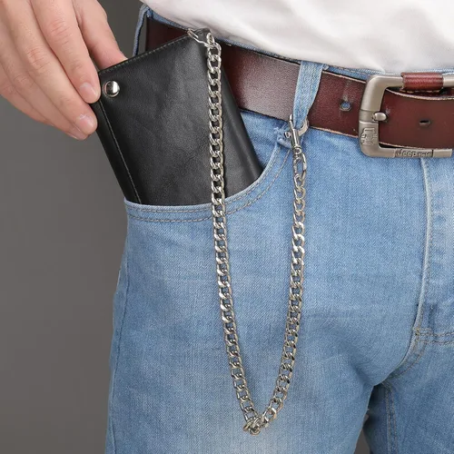 Vista 7 de NIUCUNZH Cartera de cuero genuino para hombre con cadena RFID Trifold Biker