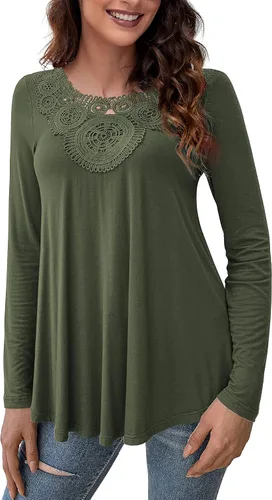 Vista 3 de Blusas de manga larga para mujer, blusas plisadas de encaje (M-4XL)