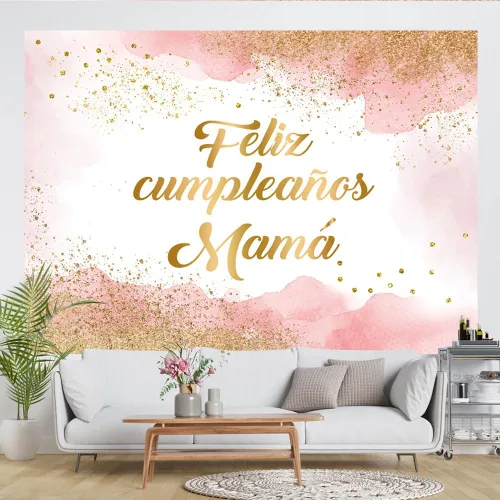 Vista 5 de Lofaris Fondo rosa de feliz cumpleaños de 7 x 5 pies para mamá, decoración de fiesta de cumpleaños de mamá, fotografía de nube rosa, decoración