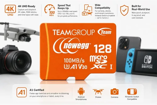 Vista 2 de NEWEGG Tarjeta microSDXC A1, velocidad de lectura de hasta 100 MB/s, 128 GB para cámaras, drones y teléfonos inteligentes Android, 4K UHD U3 V30