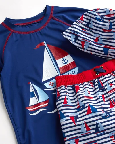 Vista 2 de Quad Seven Conjunto de protección contra erupciones para bebé, 6 piezas, camiseta de natación de manga corta, pantalones cortos y sombrero de cubo