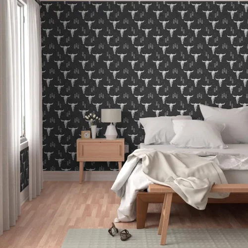 Vista 5 de Muestro de papel tapiz extraíble, diseño de calaveras del desierto, bohemio, inspirado en el suroeste, color gris y vaca, papel pintado prepegado