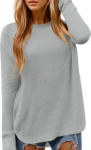 Vista 14 de DB MOON Suéter de Punto de Manga Larga con Cuello Redondo para Mujer 2025 Ajuste Holgado Suave Sólido Pullover Beige