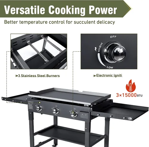 Vista 5 de BESTFIRE Parrilla plana de 3 quemadores de 35 pulgadas, parrilla plana de 45,000 BTU para cocinar al aire libre con dos estantes plegables, parrilla