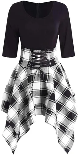 Vista 2 de Womens Summer Dress Dress Tartan Lace O Neck Casual Fashion Print Asymmetrical Up Plaid Mini Women Women's Dress