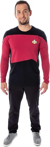Vista 5 de Star Trek Next Generation - Disfraz de uniforme de Picard para hombre, camiseta de manga larga con logotipo bordado, Rojo