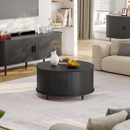 Vista 8 de ONBRILL Mesa Redonda de Café con Almacenamiento, Mesa Moderna de Café de 31.5" con Puerta Deslizante Curvada de 360°, Mesa Redonda de Centro