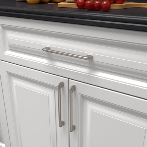 Vista 2 de Paquete de 1 unidad de níquel cepillado con agujero central de 5 pulgadas Manijas de metal sólido para gabinetes de baño y decoración del hogar