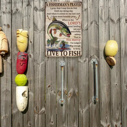 Vista 6 de SUPERDANT Letreros de lata de pesca vintage con texto en inglés «Live to Fish» de metal «A Fisherman's Signs», cartel divertido para pared, arte