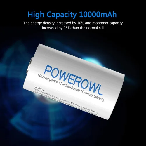 Vista 8 de POWEROWL Baterías recargables D de 10000 mAh de baja autodescarga, NiMH, precargadas, 4 unidades (Recharge Universal)