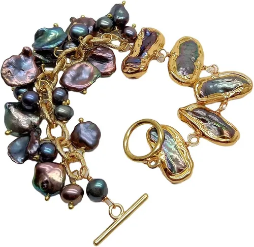 Vista 2 de Pulsera de cadena de perlas Keshi de 7.9in cultivadas de perlas biwa negras #3211