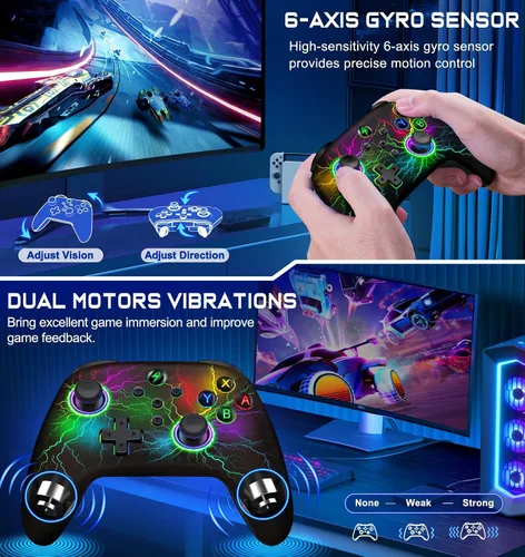 Vista 6 de Wireless Switch Pro Controller for Nintendo Switch ControllerLiteOLED, Cool RGB Wired PC Game Jasticks-Wireless iOSAndroid Remote with LED