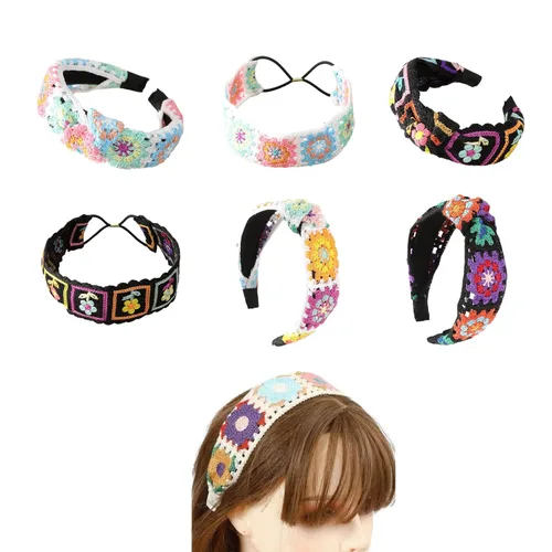 Vista 5 de LIANXUE Diadema de punto floral para mujer, turbante elástico, floral, ganchillo, cuadrado, estilo étnico, diadema envolvente para la cabeza