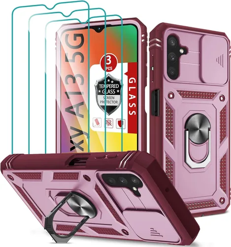 Vista 9 de Funda para Galaxy A13 5G, funda para Galaxy A04S con 3 protectores de pantalla de vidrio templado con soporte de anillo integrado + cubierta