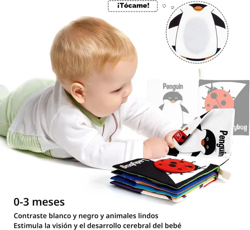 Vista 2 de beiens - Libros suaves para bebés, en blanco y negro, alto contraste, tela no tóxica, tacto y sensación de tela arrugada, juguetes de estimulación