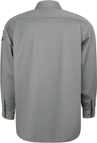 Vista 2 de Camisas FR grises para hombre, sarga de algodón de 7.5 onzas, manga larga, ajuste regular, cuello de punto, cuello Henley, 2 bolsillos de parche
