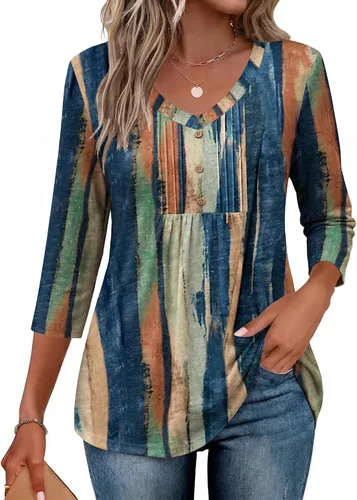 Vista 8 de Ekouaer Blusas de manga 3/4 para mujer, cuello en V, blusas plisadas casuales Boho Multicolor