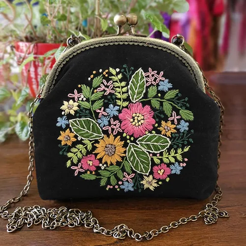 Vista 8 de Patrón de flores bordadas de bricolaje, bolsa cruzada, kits de principiantes para adultos, cartera de bricolaje, monedero, bolso, 6.5 in
