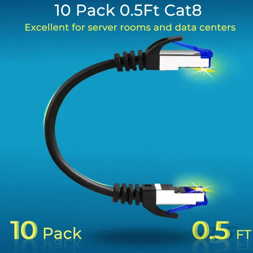 Vista 2 de Rapink Patch Cables Cat8 de 0.5 pies (paquete de 10) delgado, cable de conexión Ethernet Cat 8 soporte 40G, cable de red Cat 8 sin enganches