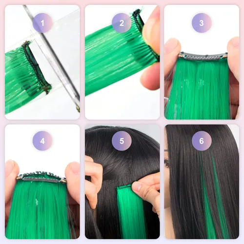 Vista 5 de 20 extensiones de cabello de colores, coloridas extensiones de cabello sintético con clip, extensiones de cabello sintético largo y lacio