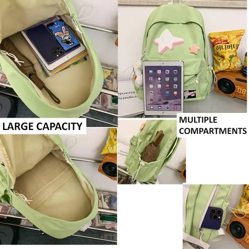 Vista 2 de Mochila Kawaii con parche de estrella y lindo accesorio, espaciosa y múltiples compartimentos (negro)