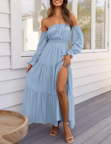 Vista 152 de ZESICA - Vestido largo, bohemio y sexy, con hombros descubiertos y manga larga fruncida, con elástico fruncido, cintura alta y abertura lateral