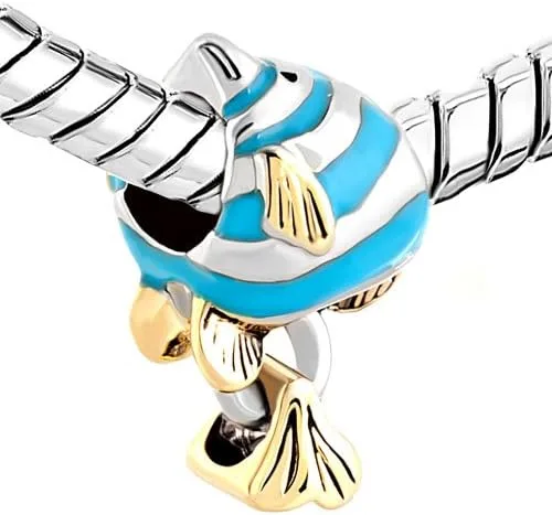 Vista 3 de Abalorio de pez tropical azul para mujer, compatible con pulseras Pandora, pez payaso, océano, animales marinos, colgantes, dorados, plateados