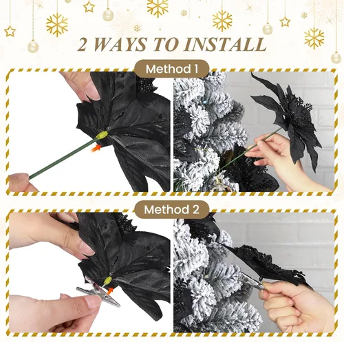 Vista 4 de Alupssuc 24 PCS Flores de Pascua Navideñas Negras Artificiales con Purpurina, Decoraciones Navideñas para Árbol, Corona, Chimenea, Flores de Pascua