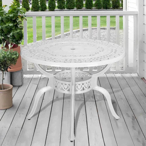 Vista 8 de Mesa de comedor al aire libre de 30.5 pulgadas, cuadrada, para patio, mesa de bistró, de aluminio fundido de bronce, mesa grande rústica con agujero