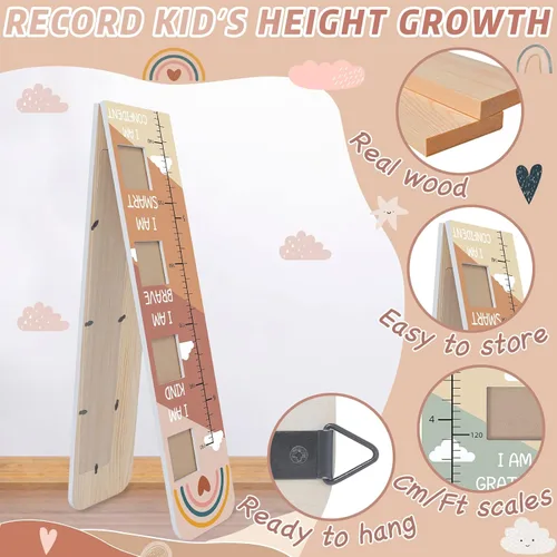 Vista 4 de Tabla de crecimiento inspiradora de madera maciza para niños con ventanas de fotos, tabla de altura motivacional para niños, tabla de pared plegable
