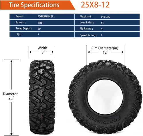 Vista 3 de FORERUNNER - Neumáticos ATV 25x8-12, todo terreno, 6PR 25x8x12, ATV, UTV, Trail Mud Sand Off-Road (paquete de 2, sin cámara) FORERUNNER 6PR