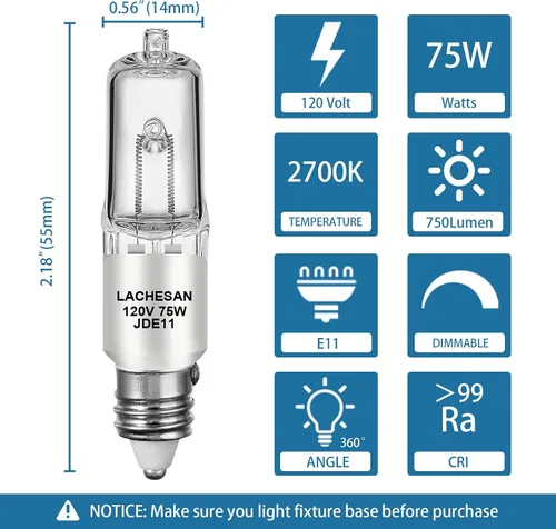 Vista 2 de JDE11 - Bombilla halógena E11 de 120 V, 75 W, E11, base de mini candelabro regulable T4 (bombilla LED E11 de reemplazo), 2700 K blanco cálido