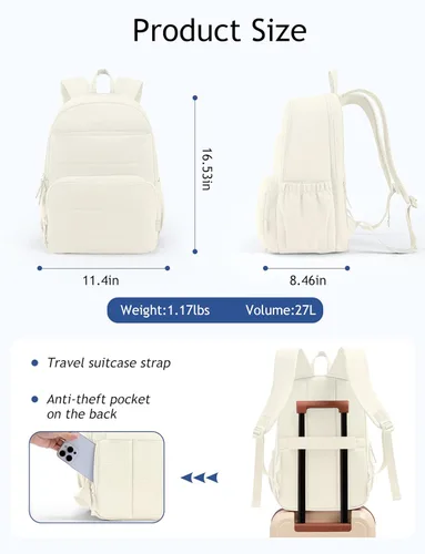 Vista 4 de Mochila de viaje Uselike para mujeres, mochila para portátil de 15.6 pulgadas, mochila universitaria acolchada, mochilas de trabajo bonitas, Beige