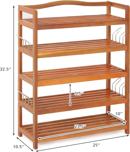 Vista 3 de Giantex Zapatero de 5 niveles, estante de madera de acacia con ganchos laterales de metal, capacidad para 12-18 pares, organizador de zapatos