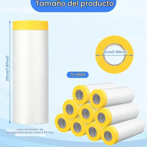 Vista 2 de Seajan 9 rollos de plástico con cinta adhesiva precintada para pintar pintura automotriz, película protectora, rollo de cinta adhesiva de plástico