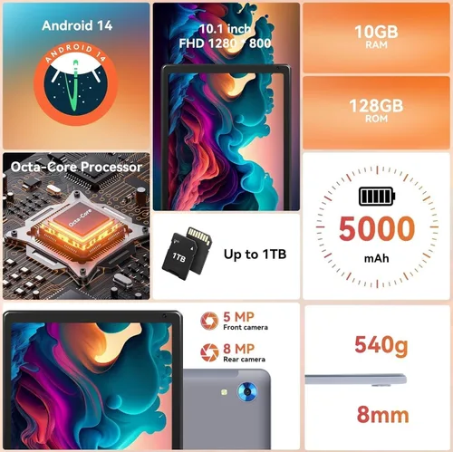 Vista 2 de Android Tablet with 10.1 inch 1280 * 800 IPS HD Touchscreen, Octa-Core Processor, 128GB Storage, 1TB TF Card Expandable, 5G/2.4G WiFi, BT 5.0,Dual