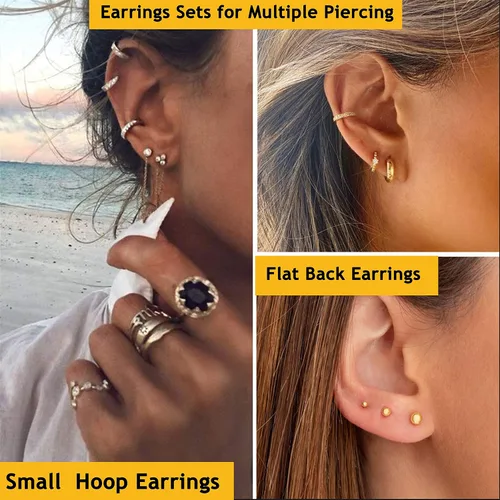 Vista 2 de LOYALLOOK Aretes tipo dormilona de acero quirúrgico con circonita cúbica para mujeres y hombres, chapados en oro de 14 quilates, aretes pequeños