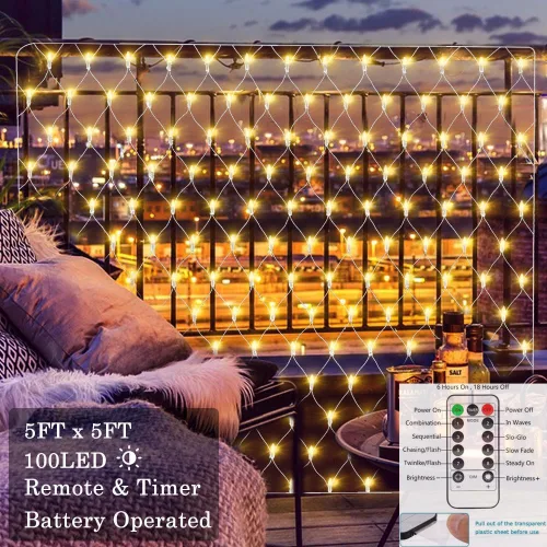 Vista 3 de Luz de Red Navideña para Exteriores, 5 pies x 5 pies, 100 luces LED de malla, operadas por batería, luces de red de Navidad conectables e