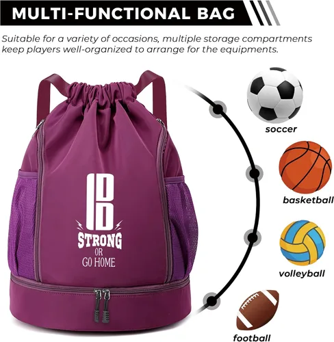 Vista 5 de brooman Bolsas de fútbol juveniles para niños y niñas, mochila para fútbol, baloncesto, voleibol y fútbol con compartimento para pelotas Púrpura