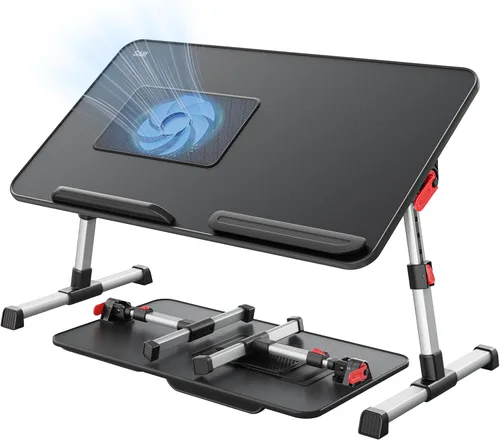 Vista 2 de Mesa para portátil para cama con ventilador de enfriamiento, SAIJI Soporte para portátil ajustable en altura y ángulo para cama, mesa para portátil