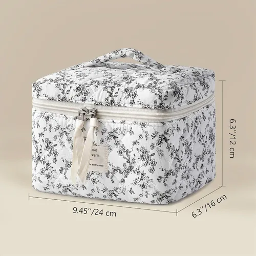 Vista 5 de HBselect Bolsa de Maquillaje Acolchada, Bolsa de Maquillaje Grande de Algodón para Viaje, Lindas Bolsas de Maquillaje con Flores Coquette, Bolsas
