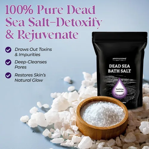 Vista 2 de Aromasong Sal pura del mar muerto para remojar con lavanda 100 % natural, 14 onzas, sal de baño de spa de grano fino, exfoliante de lavado corporal